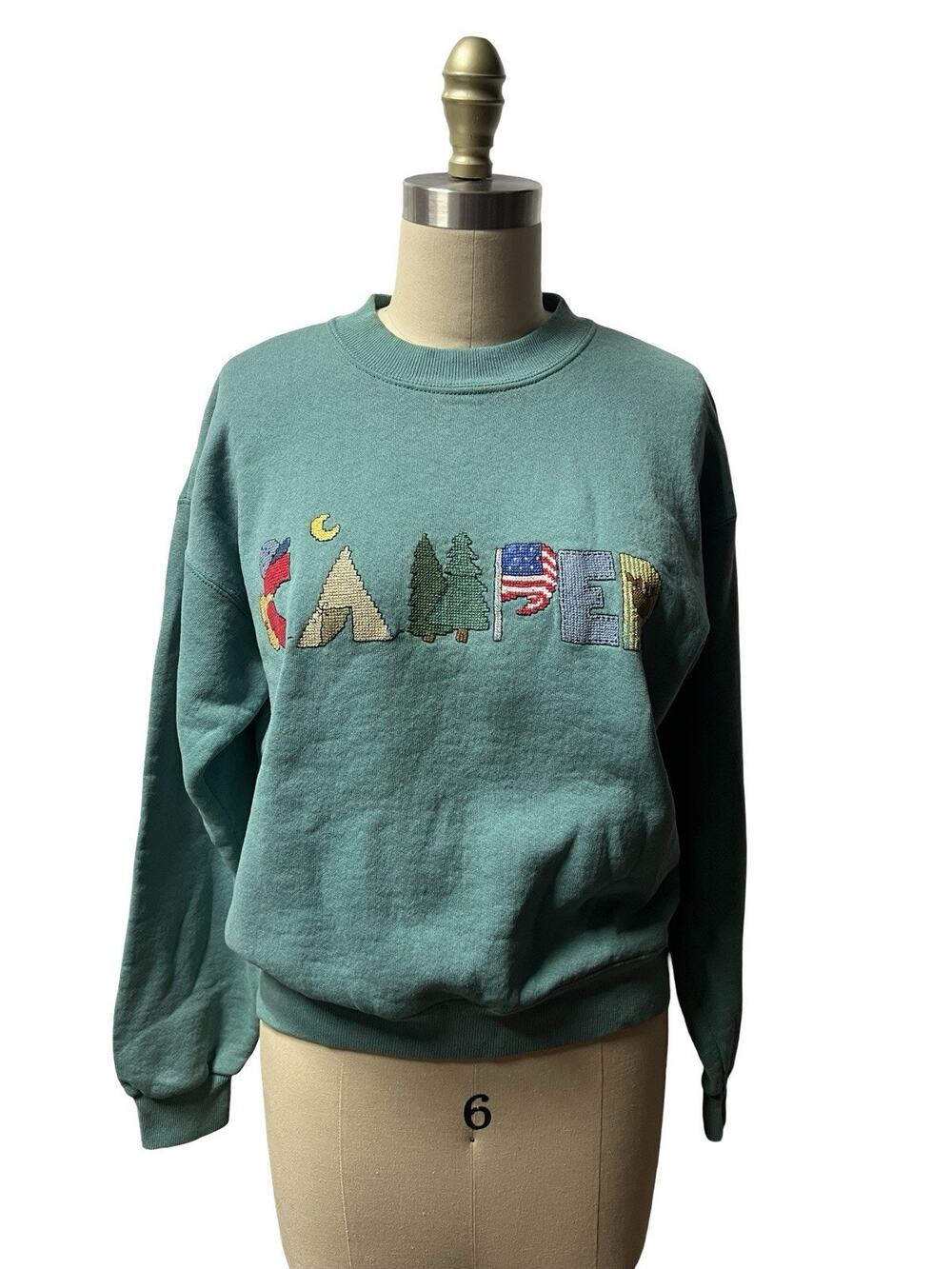 Vintage 90s Lee Sweatshirt SZ M "Camper" Camping Cross-stitch Embroidered